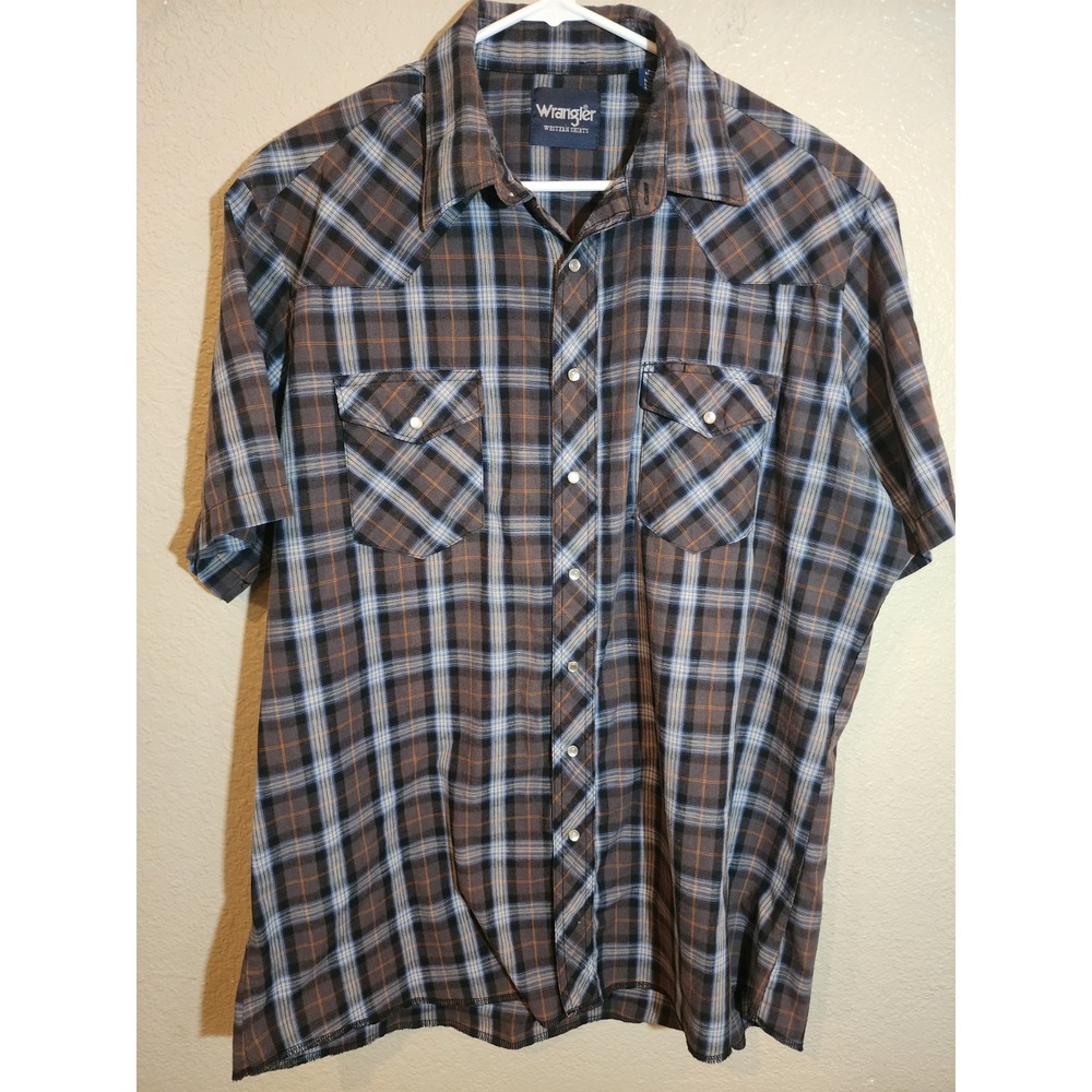 Wrangler Men's Pearl Snap Western‎ Shirt,  Size XLT, Black Plaid, Short Sleeve
